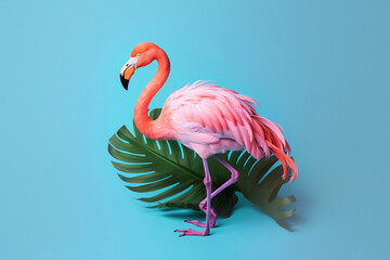 Fototapeta premium Pink flamingo in tropical leaves on a blue background AI generative