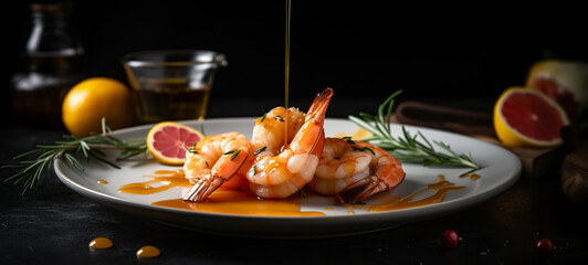 Prawns on plate with olive oil being poured. Accompanied by lemons. 