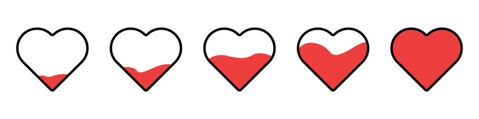Hearts vector set. Filling hearts vector. Icons of different fullness of hearts. Set of love symbol vector. Outline blank heart vector.