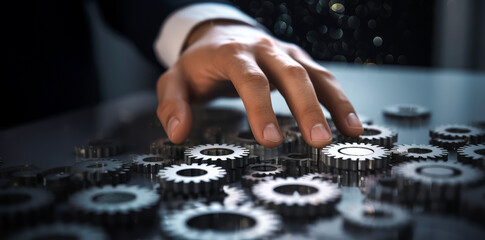 A businessman with gear icons on a light gray and black background, selective focus, 3D effect. A perfect artistic visual for creative communication. Generative AI