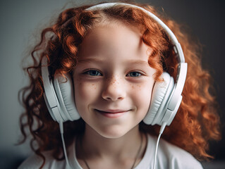 Lovely little girl in headphones enjoys listening to the music. AI-generated fictional character 
