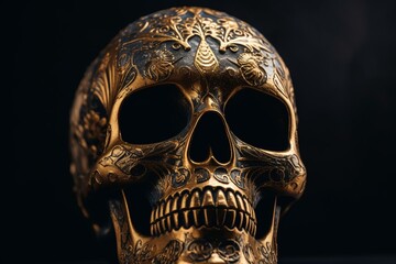 Digital artwork honors Day of the Dead with the gilded skull signifying the revival of cherished ones. Generative AI
