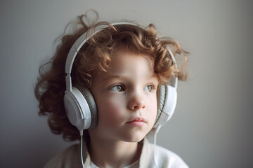Serious cute boy with headphones listening to music and watching through the window. AI-generated fictional character 