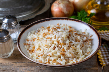 Traditional delicious Turkish food; Turkish style rice pilaf (Turkish name; Arpa sehriyeli pirinc...