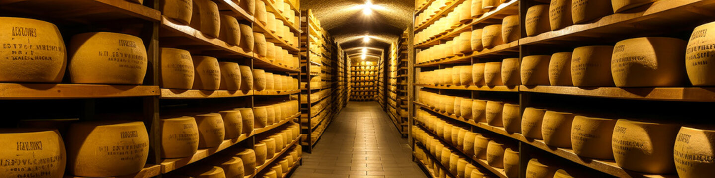 Enchanting French cheese aging cave. Ideal for showcasing the French terroir and creating an emotional atmosphere. Perfect for vintage cheese lovers. Generative AI