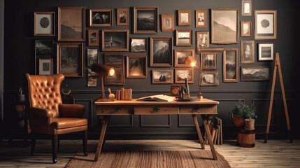 A cozy study room with a vintage desk, a leather armchair, and a gallery wall of photo frames. Generative AI