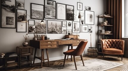 A cozy study room with a vintage desk, a leather armchair, and a gallery wall of photo frames. Generative AI