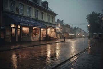 Fototapeta na wymiar A rainy small town. Generative AI