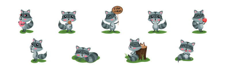 Cute Raccoon with Striped Tail Engaged in Different Activity Vector Set