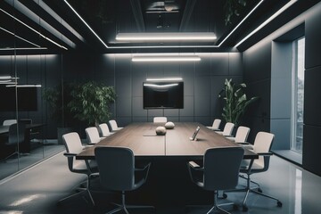 Modern meeting space with sleek design and advanced technology. Generative AI