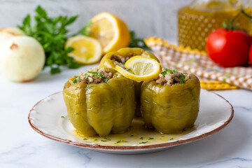 Traditional delicious Turkish food; stuffed bell peppers with meat (Turkish name; Etli biber dolmasi)