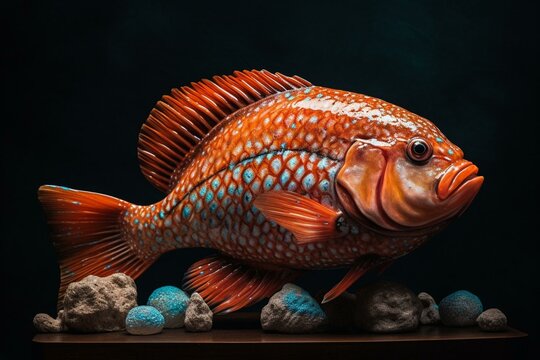 Fine art painting of an elegant Orange Kamfa Flowerhorn fish with gemstones, perfect for good Feng Shui wall decor. Generative AI