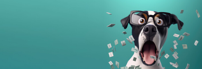 cute dog in glasses with open mouth showing  calculator with tons of bills floating in the air, concept of Surprised and Amazed about finance and money  , generative AI