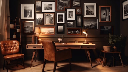 A cozy study room with a vintage desk, a leather armchair, and a gallery wall of photo frames. Generative AI
