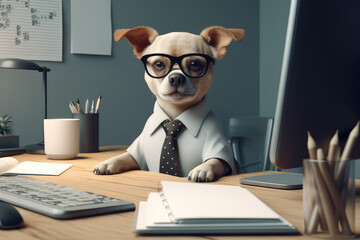 professional dog with glasses, shirt and tie sitting at the office with documents, computer, report and office supplies, office worker and business concept  , generative AI