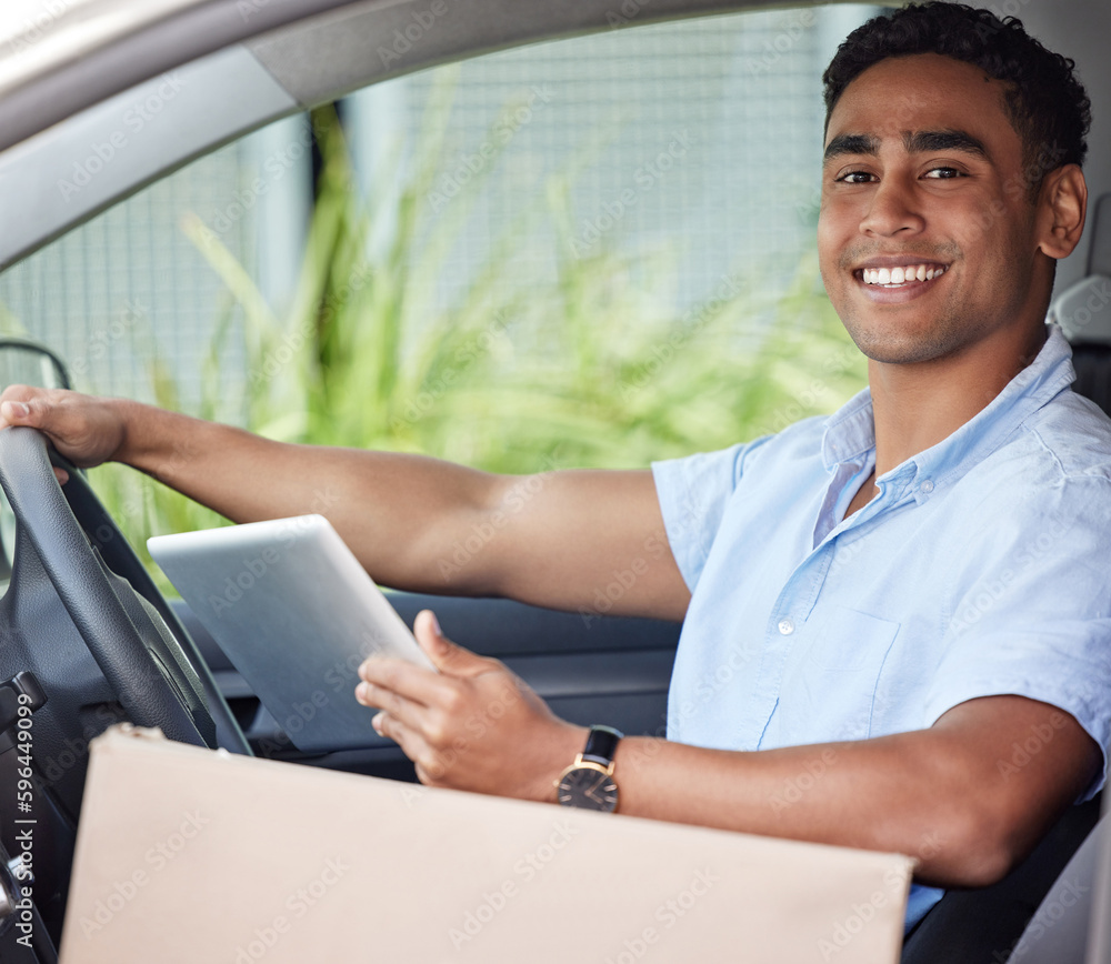 Aufkleber ill be pulling up with your package next. portrait of a young delivery man using a digital tablet wh