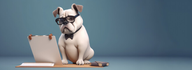 Naklejka premium professional white dog wearing glasses working at the table with documents and calculator, working animal concept, profesional working concept, finance and money concept, generative AI