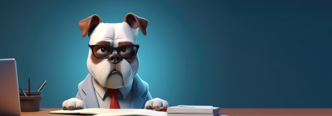 professional  dog  wearing glasses and tie  working  at the table with documents and stationary working animal concept, profesional working concept, finance and money concept,  generative AI