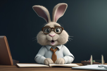 professional  rabbit wearing glasses  working  at the office table with laptop and document, working animal concept,   generative AI
