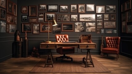 A cozy study room with a vintage desk, a leather armchair, and a gallery wall of photo frames. Generative AI