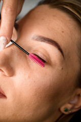 Obraz premium close-up view of closed eye of woman and beautician combing the eyelashes with a nylon eyelash brush