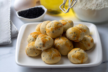 Traditional herb cookies. Handmade cookies made with black cumin are from Turkish cuisine. Turkish name; Corek otlu kurabiye