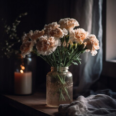 A bouquet of white, pink and orange carnations, arranged in a vase on a wooden table, a candle in the background