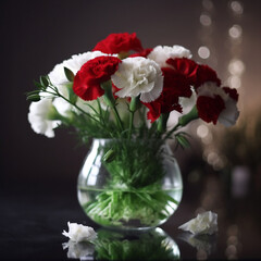A bouquet of red and white carnations, arranged in a vase on a table