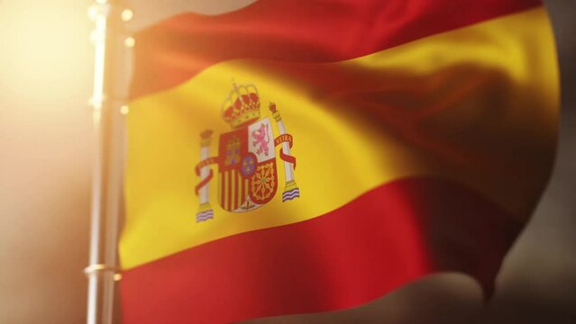Spanish flag flying in the wind, sky and sun in the background, slow motion, realistic animation