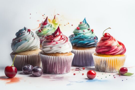 Watercolor cupcakes on white background with sweets. Generative AI