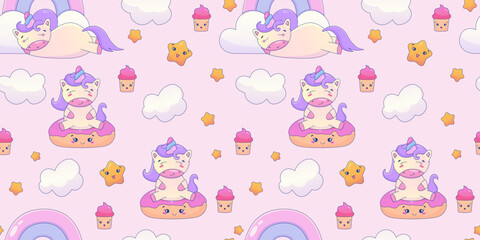 Cute Kawaii Unicorn seamless pattern with rainbow and star. Fairy cute animal children design. Fantasy wallpaper with unicorn and cloud. Cartoon vector illustration