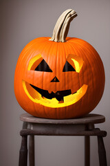 Obraz premium Halloween Jack O Lantern pumpkin on chair, generative artificial intelligence