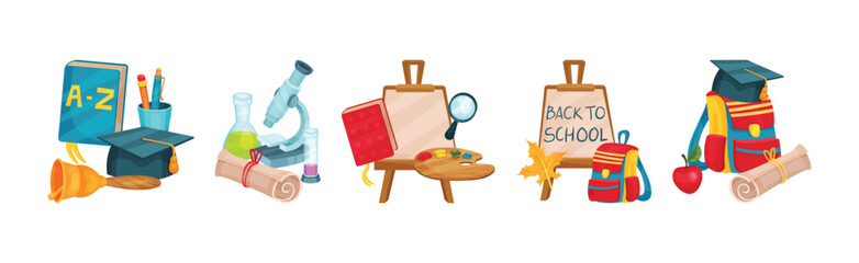 Composition of School Supplies with Schoolbag Vector Set