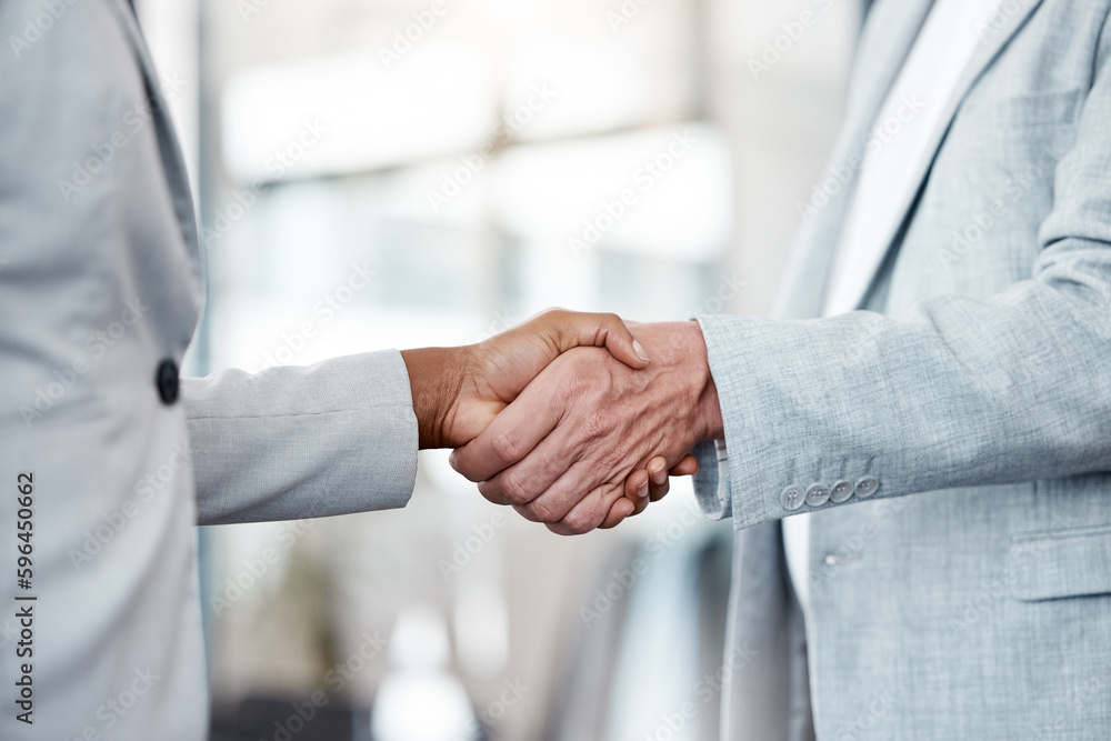 Poster the start of a great journey. shot of two unrecognizable businespeople shaking hands in an office at