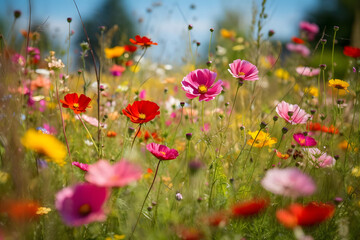 A vibrant field of wildflowers, swaying in the gentle breeze and surrounded by lush greenery, is a picturesque scene that captures the beauty of summer