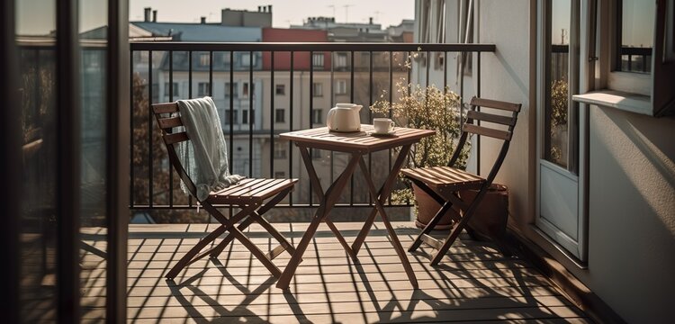 A balcony with a small table and chairs for enjoying a morning coffee or evening drink, generative Ai