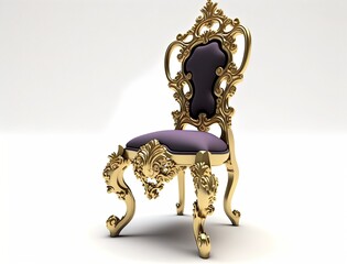 Royal baroque style chair in gold and purple upholstery isolated on a white background. Palace style generative ai furniture design idea