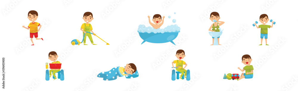 Poster boy day routine activity and daily schedule vector set