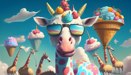 Bunte Giraffe im Himmel isst Marshmallows, skurril lustig Karte als Grußkarte Vorlage Motiv, Generative AI 