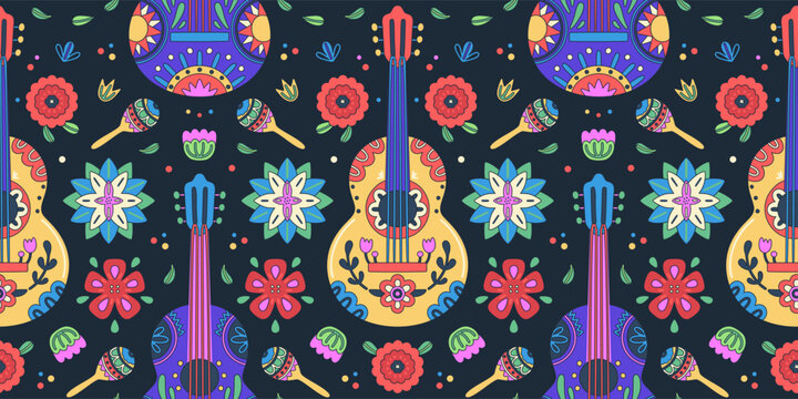 Cinco de Mayo celebration. Mexican holiday. Colorful design of flowers, cactuses, maracas, guitars on a dark background. Fiesta banner, poster, header. Vector illustration
