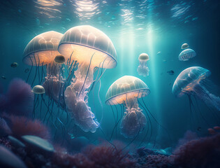 Fototapeta na wymiar Illustrated underwater glowing jellyfish floating in seas.