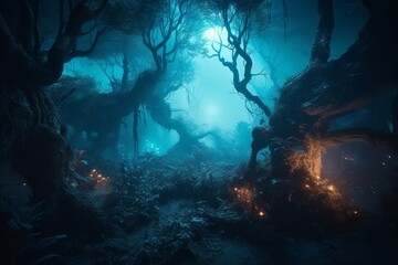 Enchanting mystical forest at night. Glowing neon lights and silhouette trees create fairy-tale ambiance with fog. 3D illustration. Generative AI