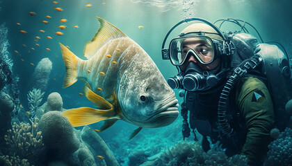 Underwater world, beautiful fish, scuba diver, realistic photo, clear water. Generative AI illustrator