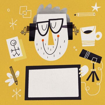 Guy with Beard drawing on a tablet, having a microphone and a microphone stand, working, drinking coffee, drawing, listening to music on headphones, Vintage style Retro digital art mid-century