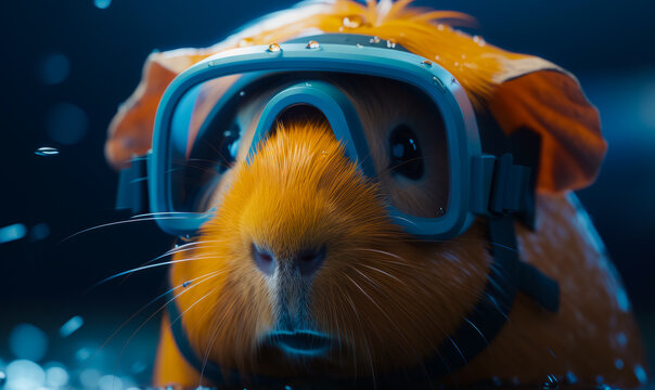 Lovely neb of a red guinea pig wearing blue goggles. Lovely pet head close up. Generative AI.