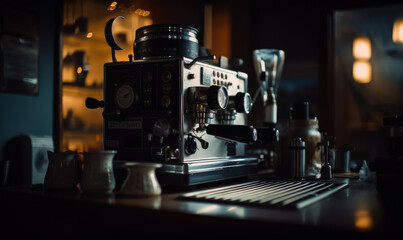 Fototapeta na wymiar Old-fashioned coffee machine on the bar stand. Cups and pitchers around. Blurred backdrop. Generative AI.