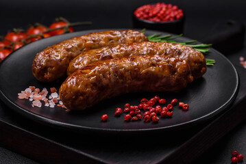 Delicious fried grilled sausages with salt, spices and herbs