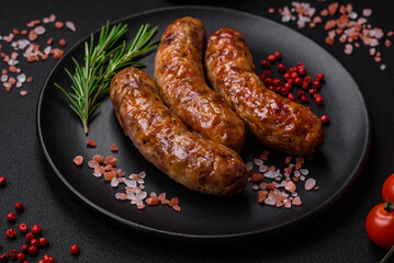 Delicious fried grilled sausages with salt, spices and herbs