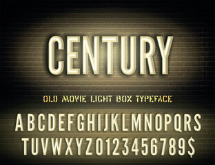 Vector vintage Century night light sign and old movie style narrow yellow neon box font with numbers on dark brick wall background