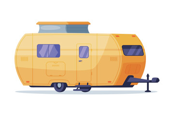 Mobile home on wheels for outdoor adventures. Side view of yellow travel recreational vehicle vector illustration